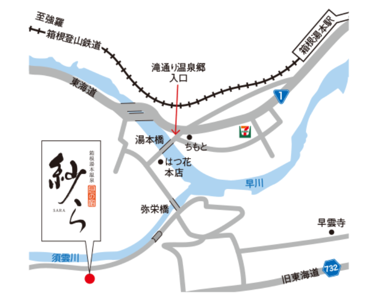 箱根湯本駅から月の宿紗らへの行き方を現した地図